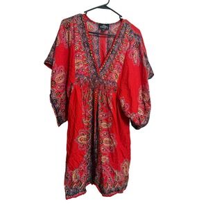 Angie Red Paisley Kaftan Mini Dress Smocked Waist Studded V-Neck Boho Medium
